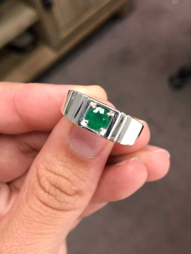 0.70 Carat Round Dark Green Emerald Signet Men's Ring - Sterling Silver 925 - Elegant Jewelry Gift for Him, Wedding Band, Anniversary Present, Birthday Gift for Men