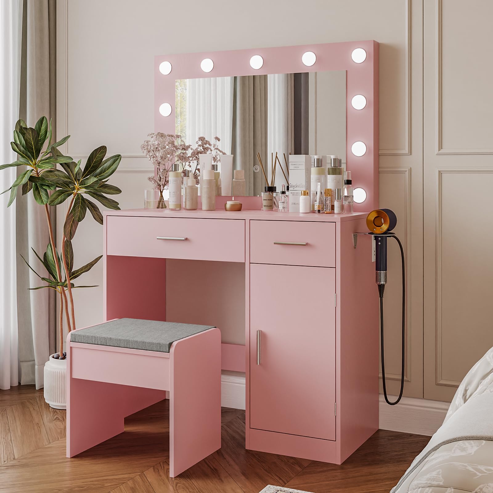 Pink Vanity Desk with Mirror, Large Drawer & Built-in Power Outlet - 11 LED Bulbs, 3 Adjustable Lighting Modes, Makeup Dressing Table for Bedroom, Perfect for Applying Makeup & Skincare Routine