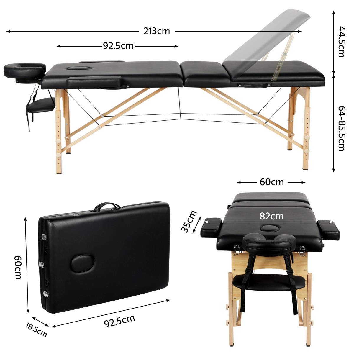 Yaheetech Portable Folding Massage Table - 60cm Wide 3-Section Spa Beauty Bed for Tattoo & Therapy - Lightweight Wooden Frame - Perfect for Home, Salon & Mobile Massage Services