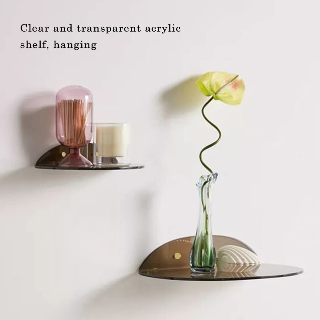 Acrylic Floating Shelves Wall Mounted Set of 2 - Modern Semi-Circle Wall Shelves for Bedroom, Bathroom & Living Room - Display Storage Shelves for Books, Plants, Vases & Home Decor (Brown, Large) - Perfect for Small Space Organization & Stylish Wall Decor