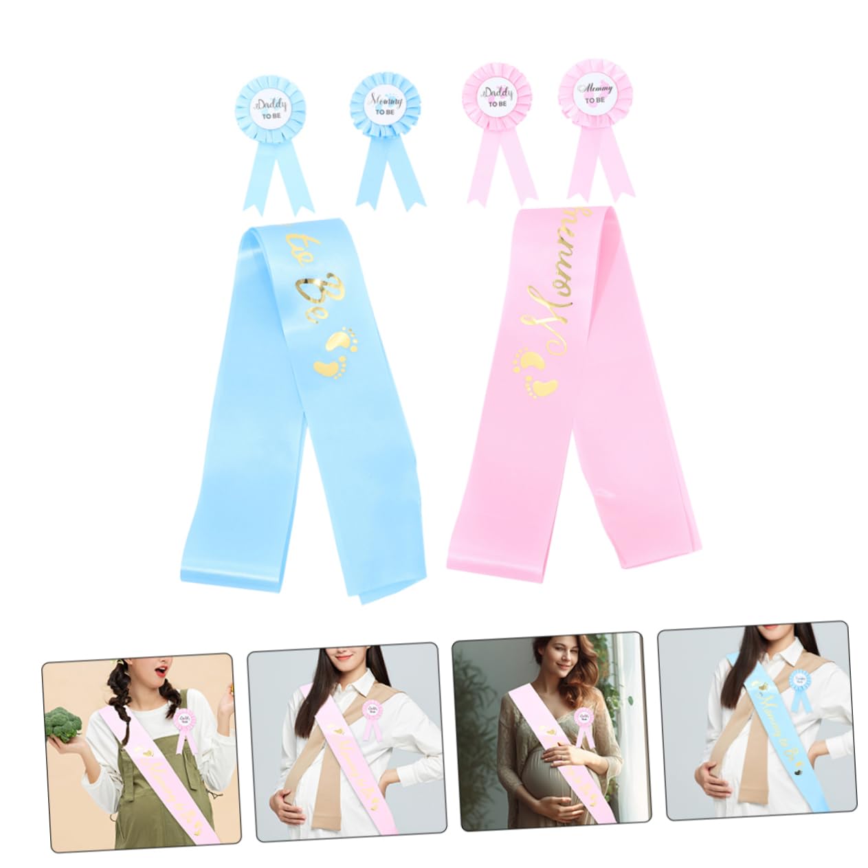 BIUDECO 2 Sets Maternity Belt & Shower Badge Pin Set - Baby Shower Sash for Mom & Dad to Be, Gender Reveal Party Decor, Pregnancy Announcement Accessories - Perfect for Baby Showers, Gender Reveals & Maternity Photos