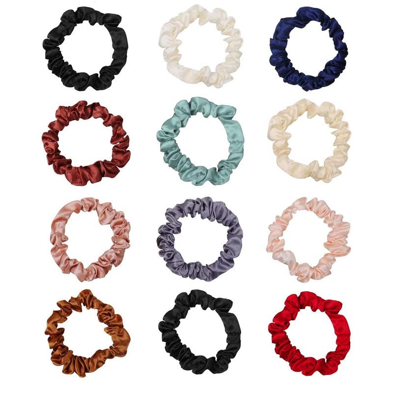 12Pcs Satin Elastic Hair Bands - Soft Silk Scrunchies Skinny Hair Ties for Women, Gentle No-Slip Hair Elastics in Multicolor - Perfect for Workouts, Office & Everyday Styling