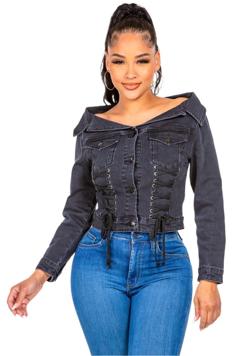 Stylish Off Shoulder Lace Up Denim Jacket for Women - Trendy Fashion Outerwear for Date Night & Casual Outings