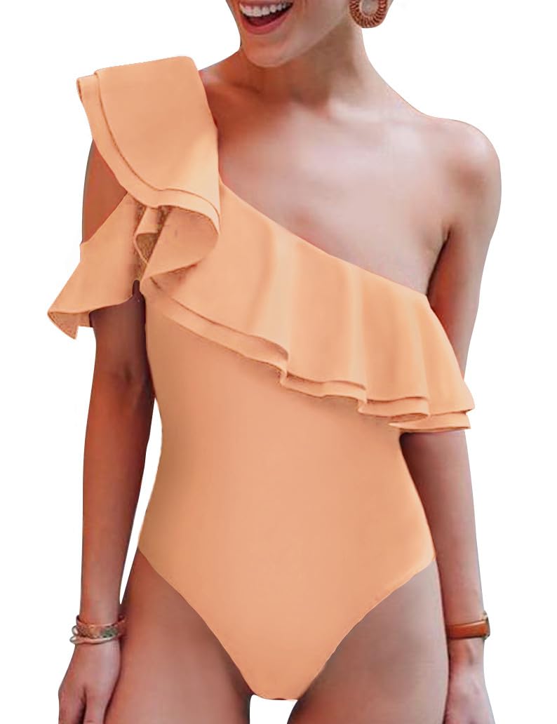 Hilor Women's One Shoulder Asymmetric One Piece Swimsuit with Ruffles - Sexy Bathing Suit for Beach, Pool Party & Summer Vacation