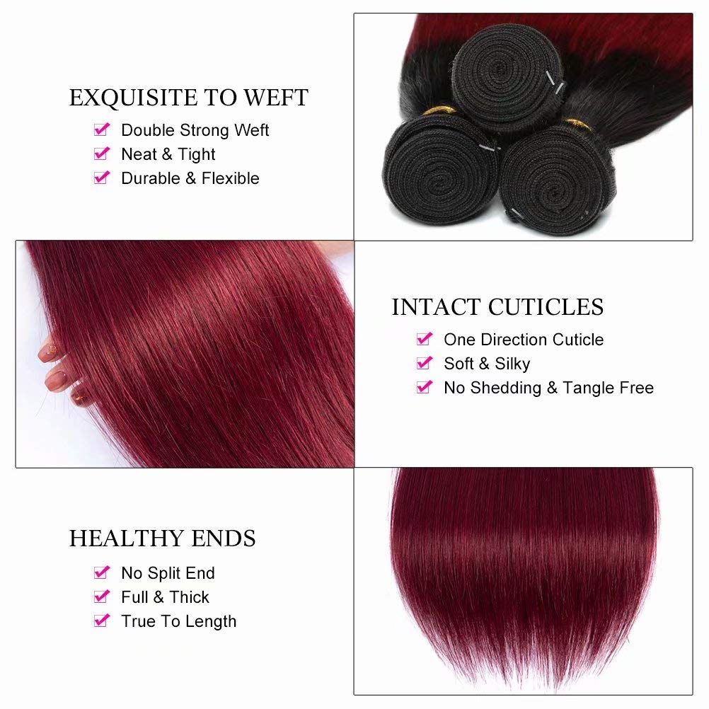 8A Grade Ombre Brazilian Human Hair Straight Extensions - Dark Root to Burgundy Ombre 3 Bundles (14 16 18 Inch) | Premium Red Straight Hair Weft for Styling & Volume | Perfect for Daily Wear, Parties & Special Occasions