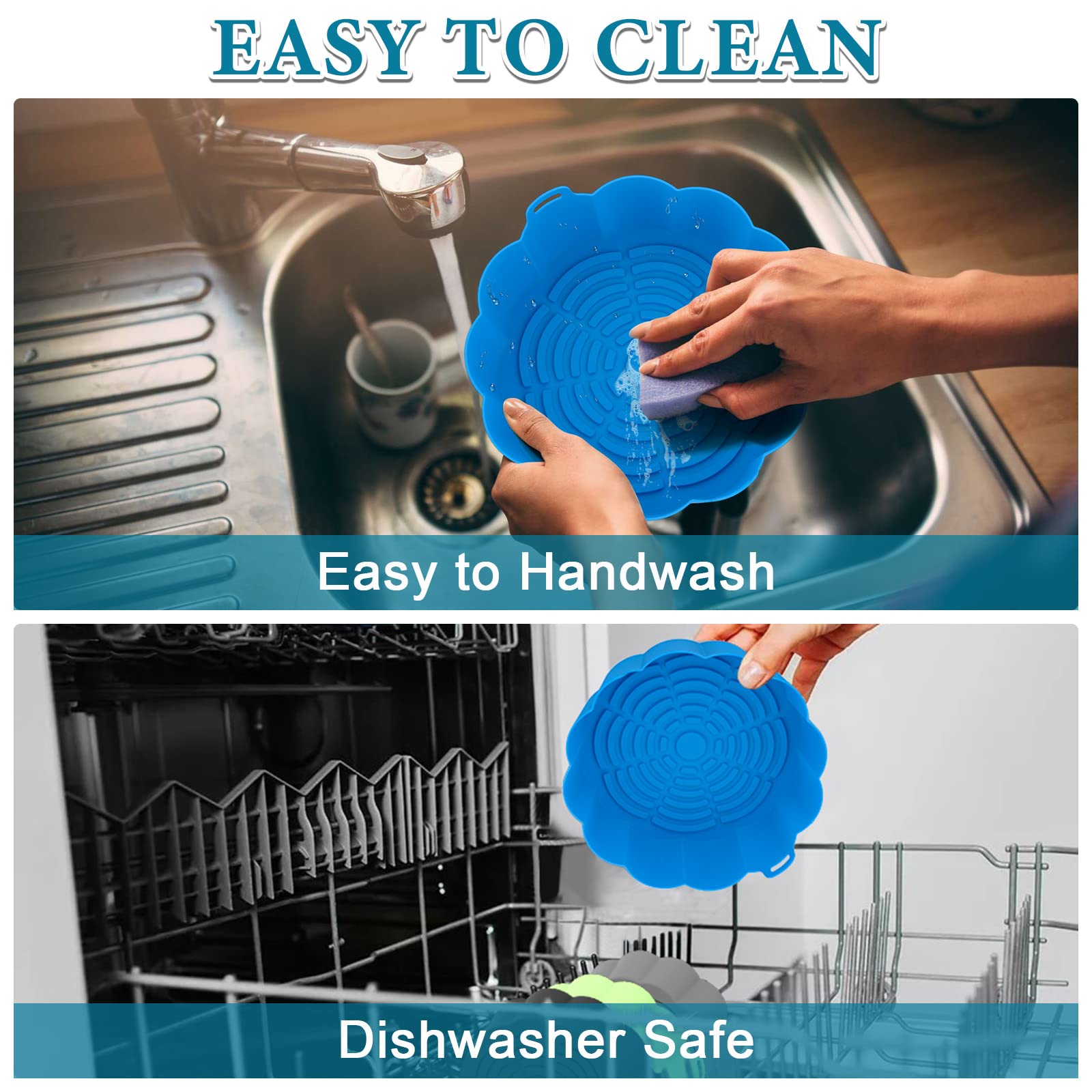 2 Pack Reusable Air Fryer Silicone Liners - Food Grade, Non-Stick, 8.5 Inch Round Inserts for 5-8 QT Air Fryer Baskets (Blue & Grey) - Perfect for Healthy Cooking, Easy Cleanup & Crispy Results