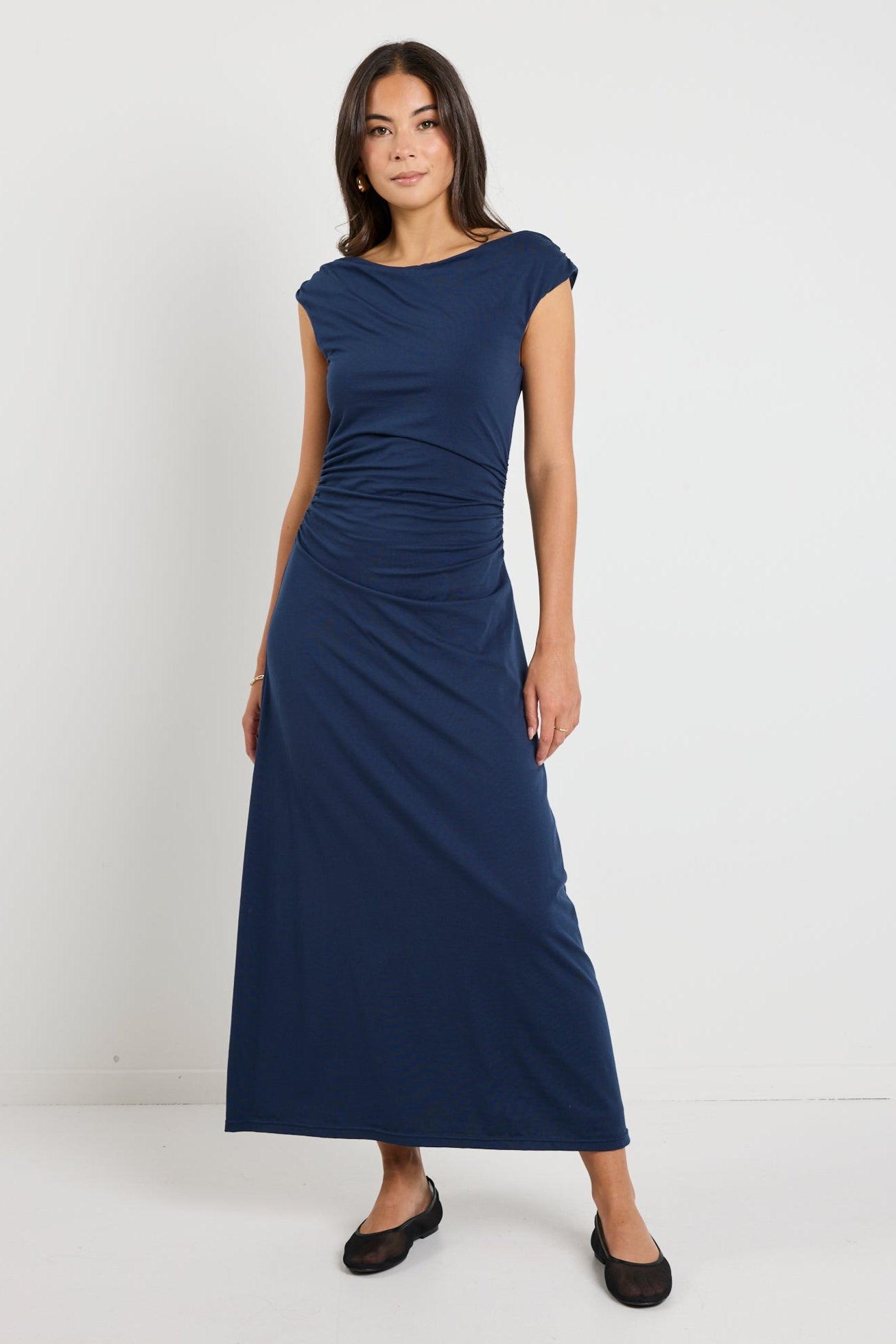 Equator Navy Jersey Rouched Midi Dress - Women's Stretchy Bodycon Dress for Casual Wear, Date Night & Party Outfits