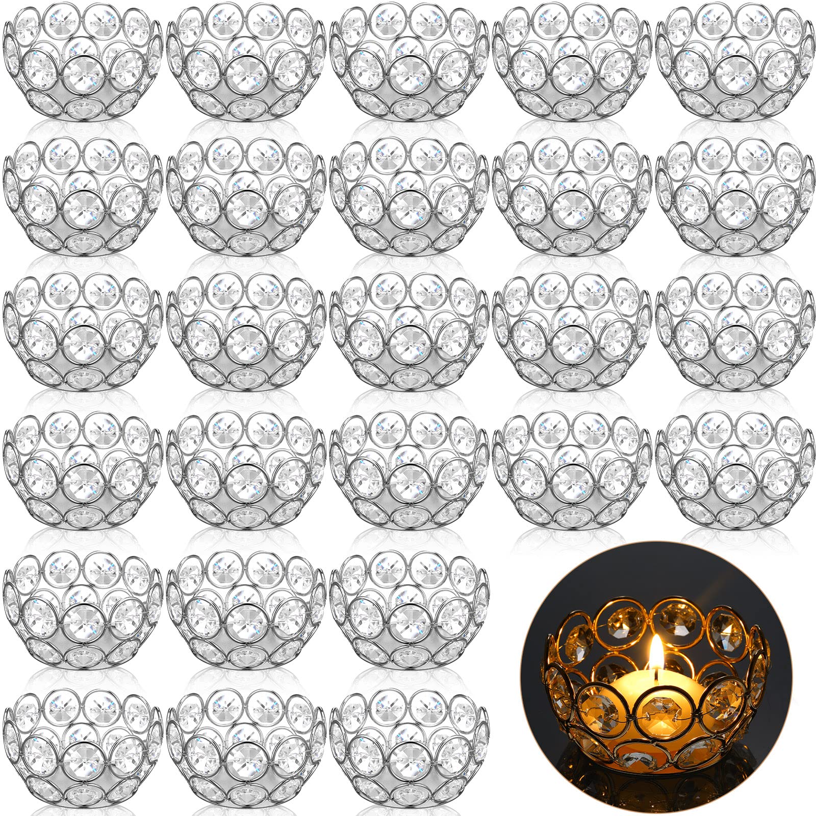 30 Pcs Silver Crystal Tea Light Candle Holders - Elegant Votive Candle Stands, Jewel Bowl Tealight Holders for Wedding, Party, Home Table Decor - Perfect for Romantic Dinners, Spa Nights & Holiday Centerpieces