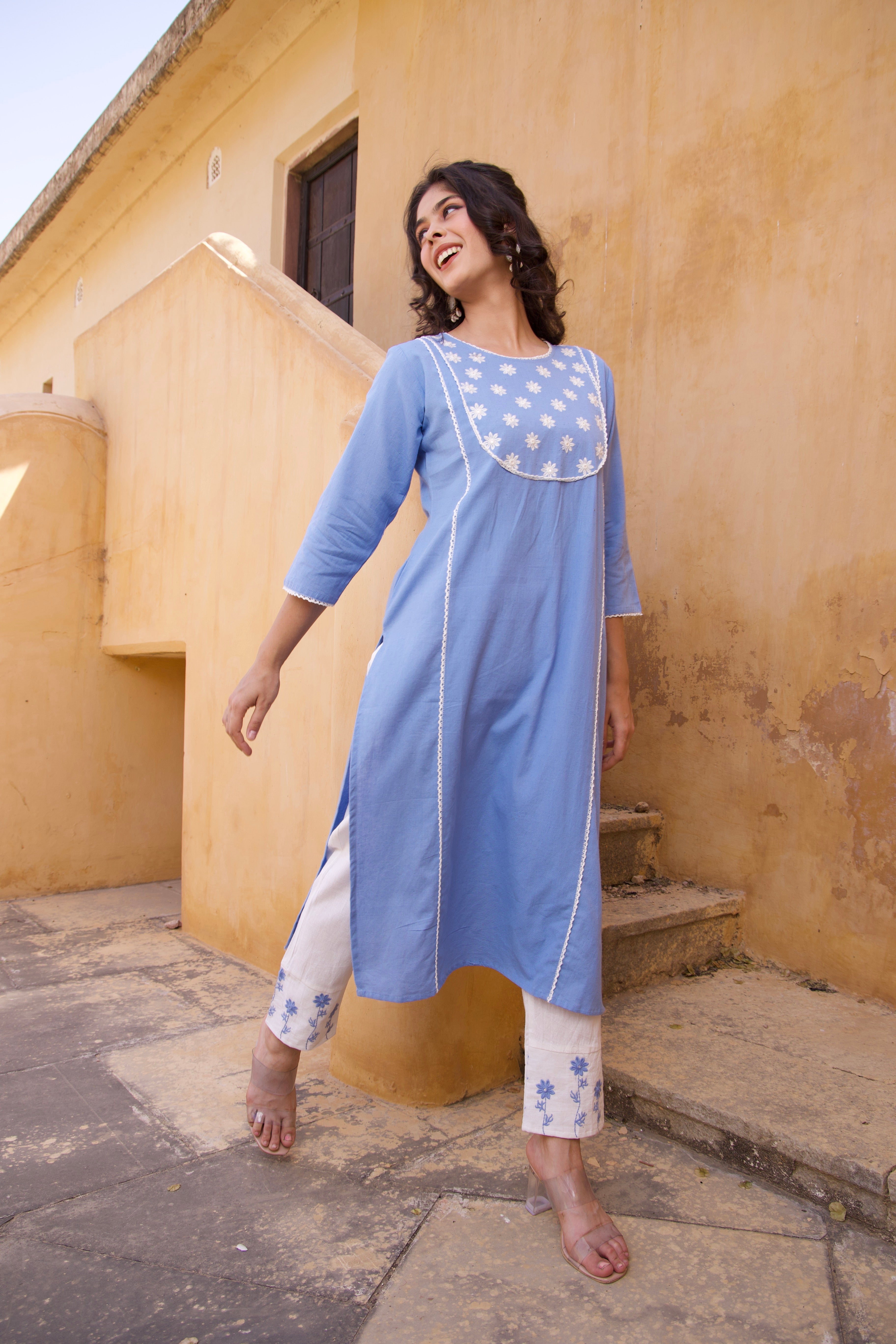 Stylish Sky Blue Floral Kurta Set for Women | Traditional Indian Ethnic Wear | Perfect for Festivals, Weddings & Casual Outings