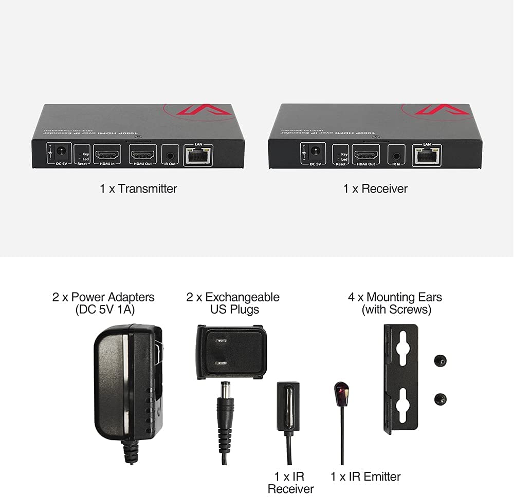 HDMI Extender Over IP Ethernet Kit - 1080P Full HD up to 120m (395ft) with Local Loop Out | 1-to-Many Distribution via Gigabit Switch | LAN Network IR Control | Works with CAT5e/6/6a/7 Cables (HDIP120) - Perfect for Home Theaters, Conference Rooms & Digital Signage