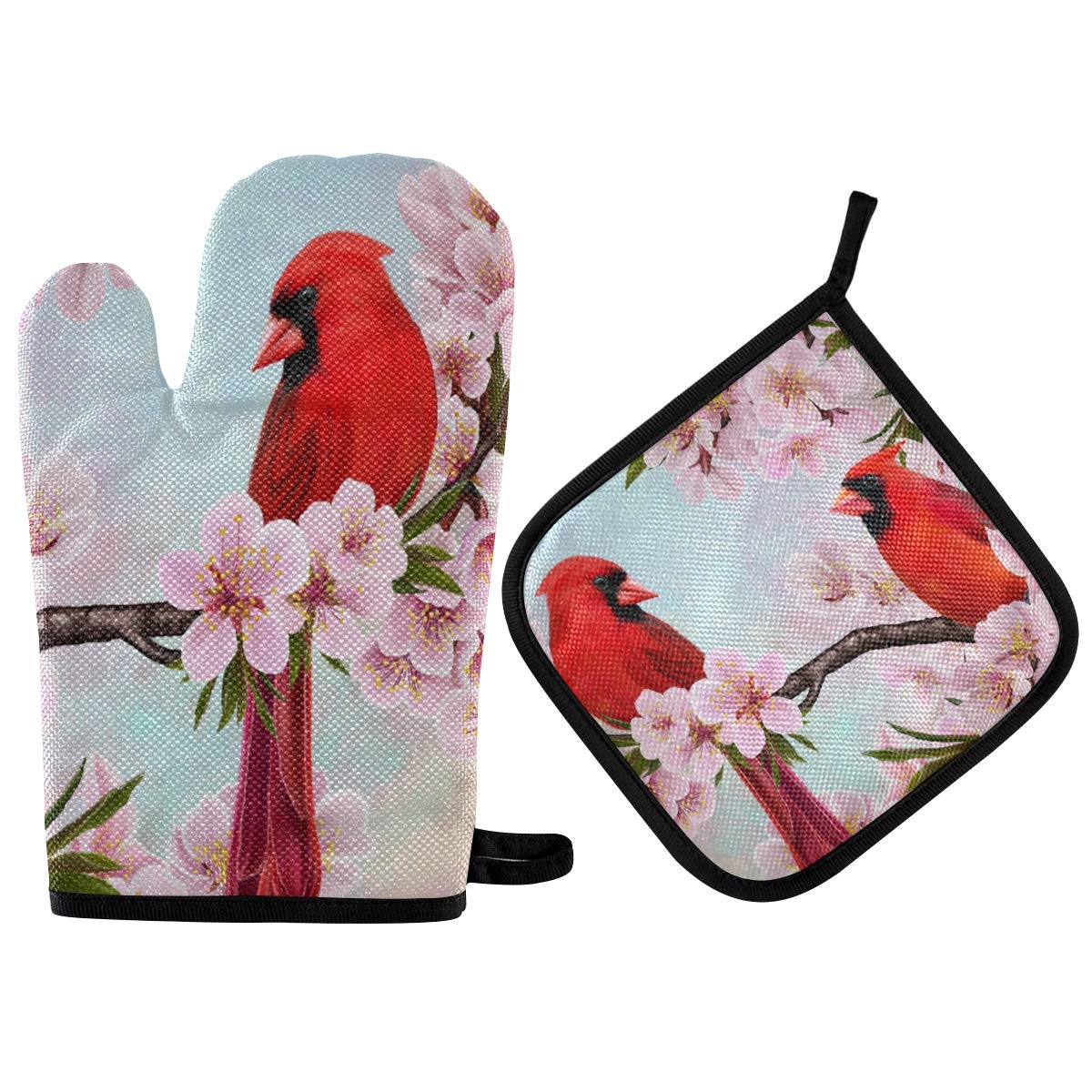 ALAZA Heat Resistant Oven Mitts and Pot Holders Set - 2PC Red Cardinal Birds with Spring Flowers & Summer Cherry Blossom Design - Perfect for Cooking, Baking, Grilling & Kitchen Safety