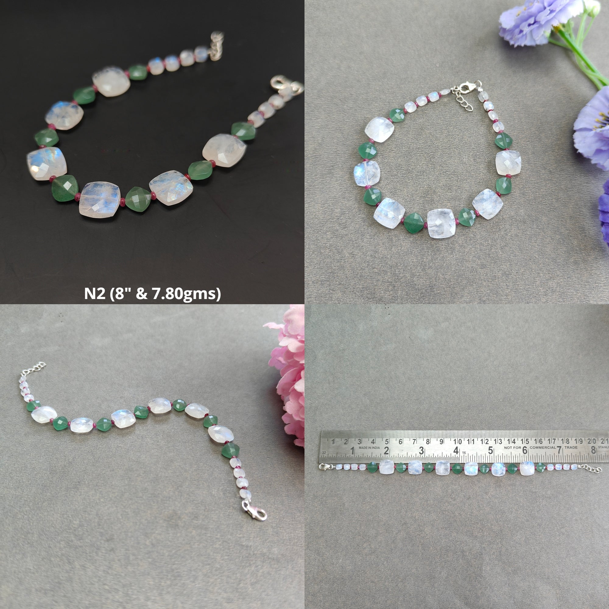Green Quartz Rainbow Moonstone Red Ruby 925 Sterling Silver Beaded Bracelet - Gemstone Beads Briolette Checker Cut for Women's Jewelry, Healing Crystal, Meditation & Spiritual Gifts