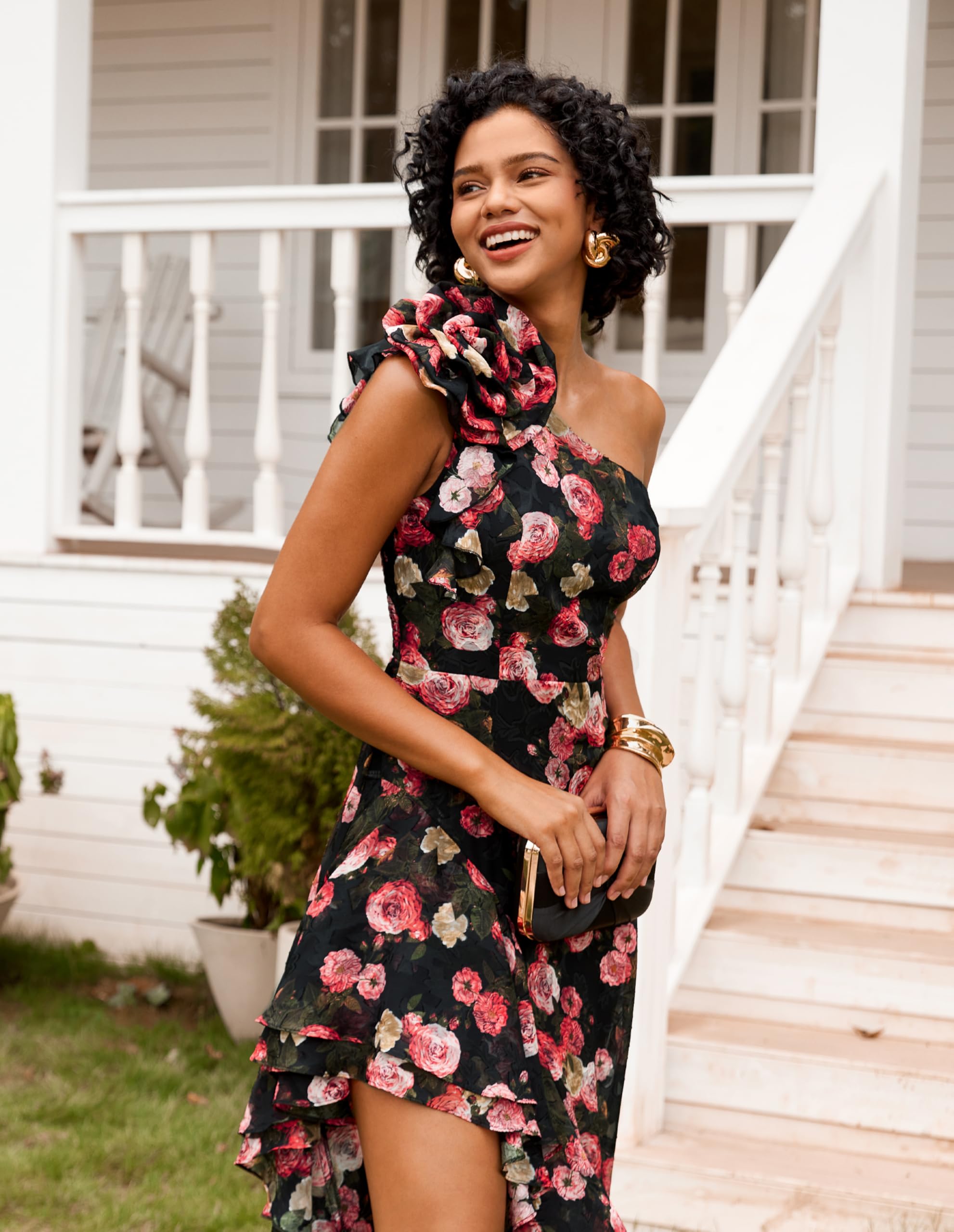 GRACE KARIN Women's Floral One Shoulder Sleeveless Ruffle Maxi Dress - Summer Wedding Guest Dress, Beach Cover Up, Vacation Sundress for Parties & Special Occasions