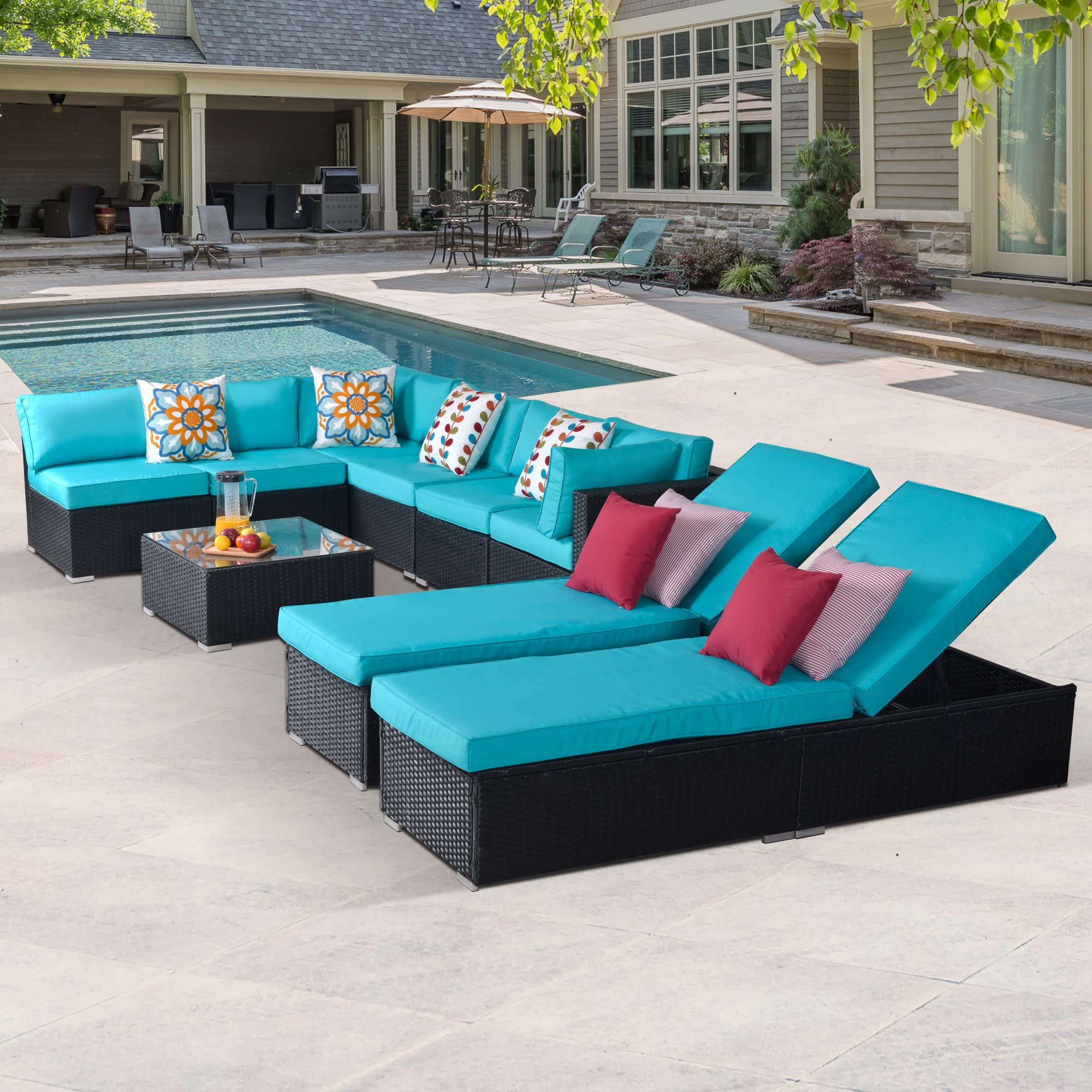 9-Piece All-Weather Wicker Patio Furniture Set with Chaise Lounge Chairs & Coffee Table - Outdoor Sectional Sofa Conversation Set in Blue - Perfect for Backyard, Poolside & Garden Relaxation