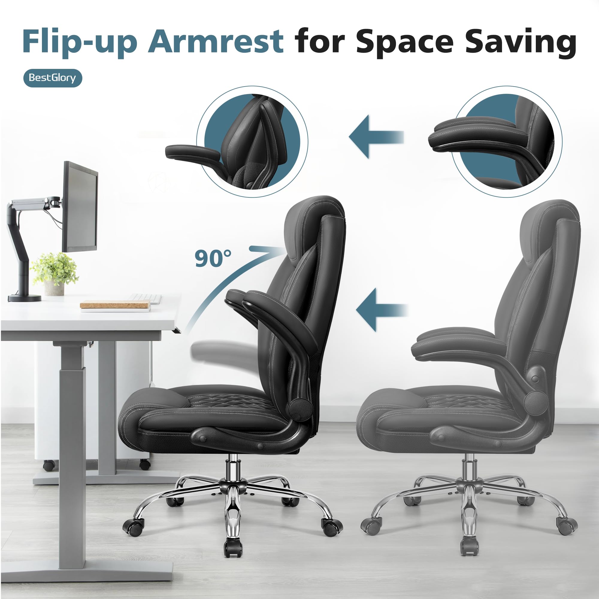 Ergonomic High Back Office Chair with Lumbar Support - Big & Tall Breathable Leather Desk Chair for Home & Office - Adjustable Flip-Up Armrests & Rocking Function - Perfect for Long Work Hours, Gaming & Computer Use