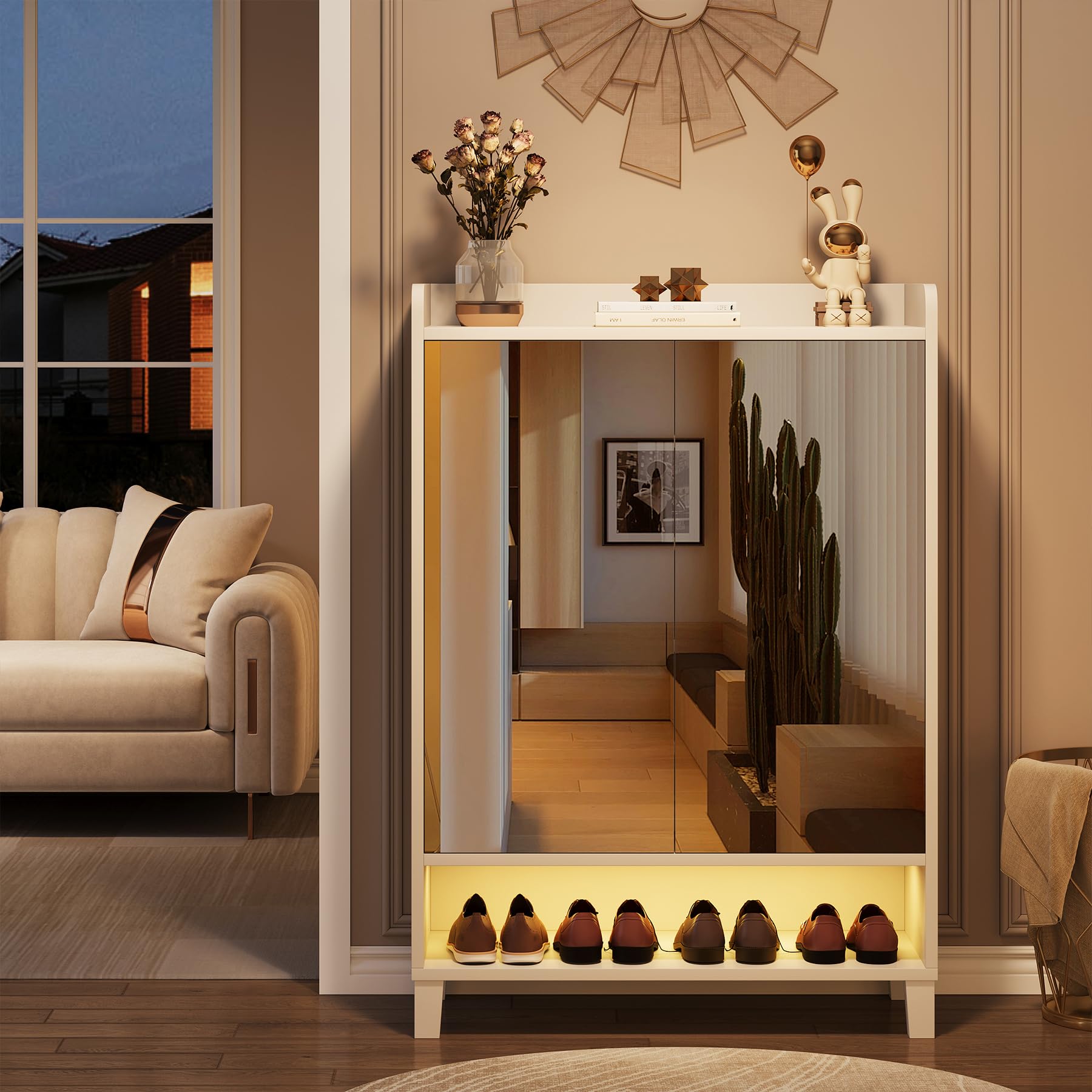 7-Tier Shoe Cabinet with Mirrored Door & LED Light - Adjustable Shelf Freestanding Shoe Storage Organizer for Entryway, Hallway - Modern White Shoe Rack for Home, Apartment, Dorm Organization