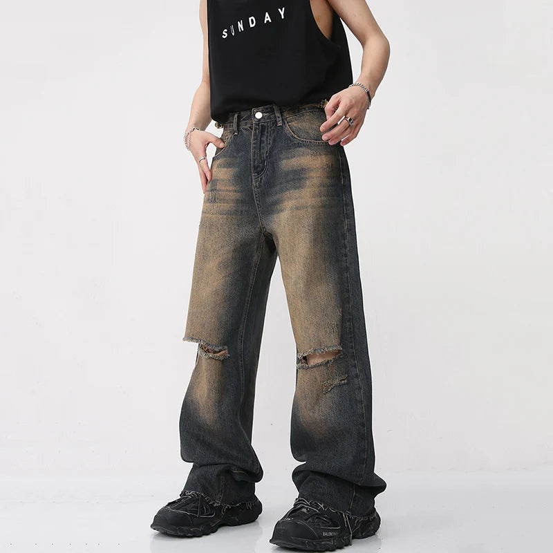 Vintage American Style High Waist Men's Jeans - Wide Leg Denim Pants with Gradient Wash | Straight Fit Summer Casual Trousers for Streetwear Fashion (Style 9A8592) | Perfect for Urban Outfits, Music Festivals & Retro Looks
