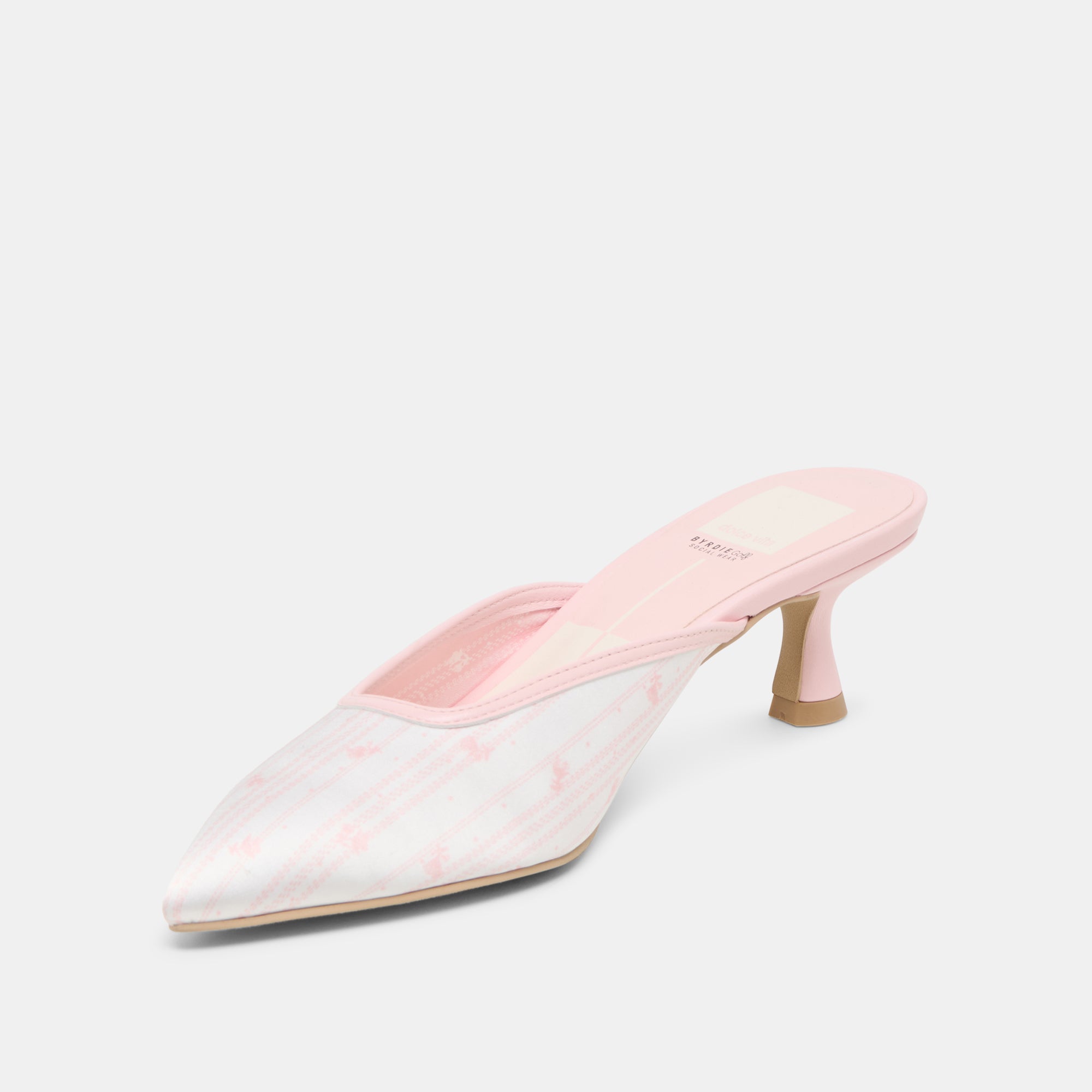Cleo x Byrdie Golf Wide Heels - Pink Floral Satin Women's Dress Shoes for Weddings, Parties & Special Occasions