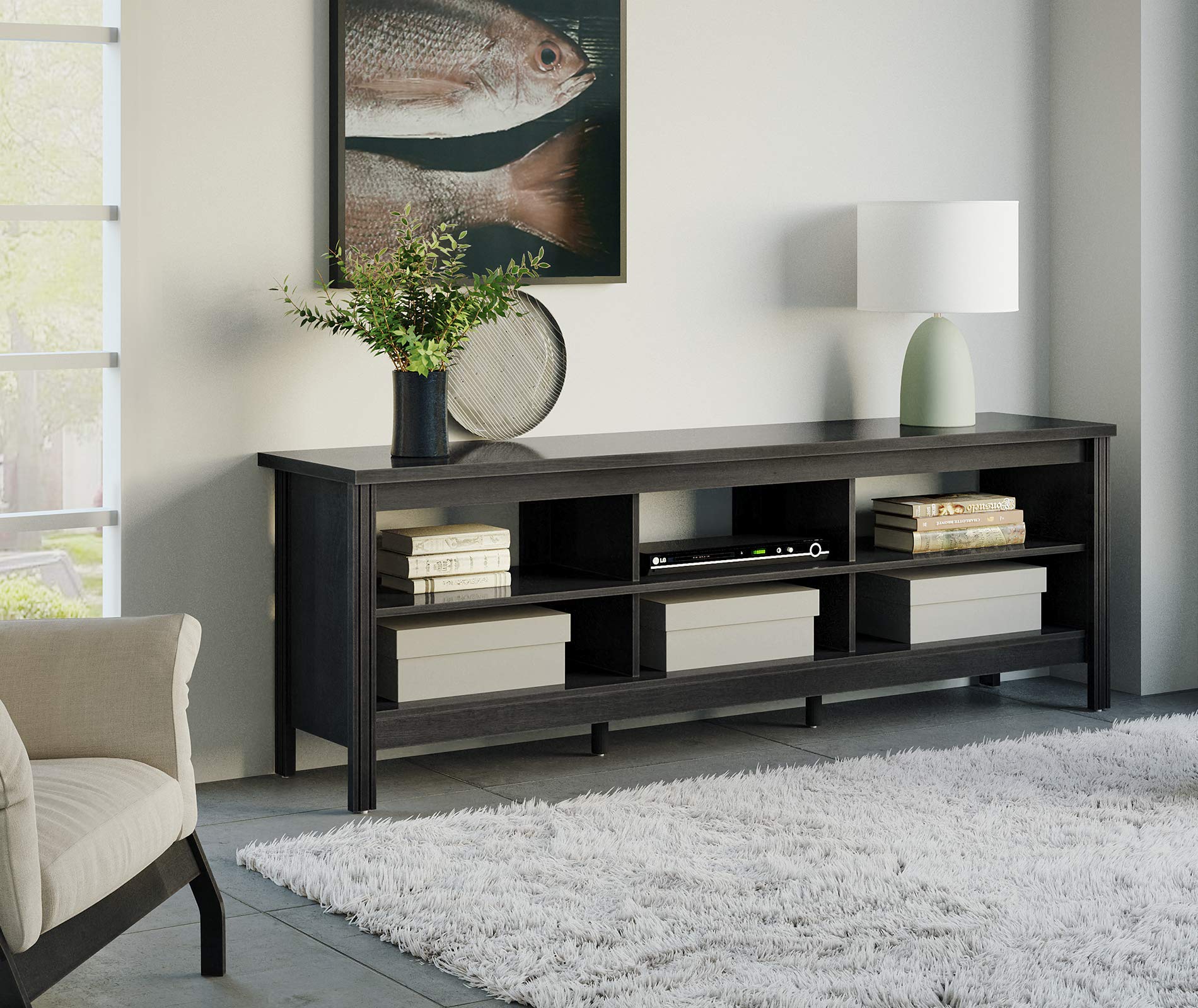 WAMPAT 75 Inch TV Stand - Rustic Black Wood Entertainment Center with 6 Storage Cubby, Classic TV Media Console for 65-70 Inch TVs - Perfect for Living Room, Bedroom & Home Theater Setup