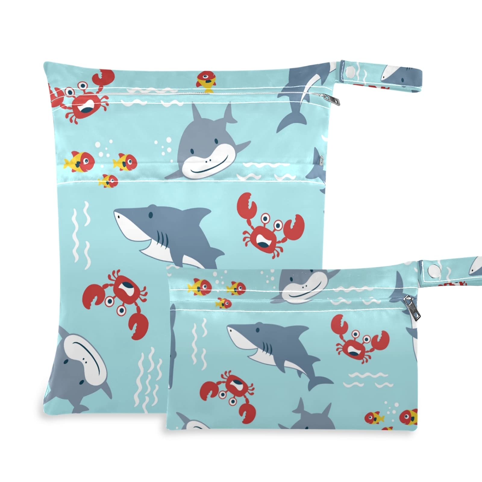Cartoon Big Fish and Shark Wet Dry Bag 2-Pack - Waterproof Reusable Diaper Storage & Travel Bag with Dual Zippers for Beach, Swimming, Summer Camp - Perfect for Pool Days, Baby Essentials & Outdoor Adventures