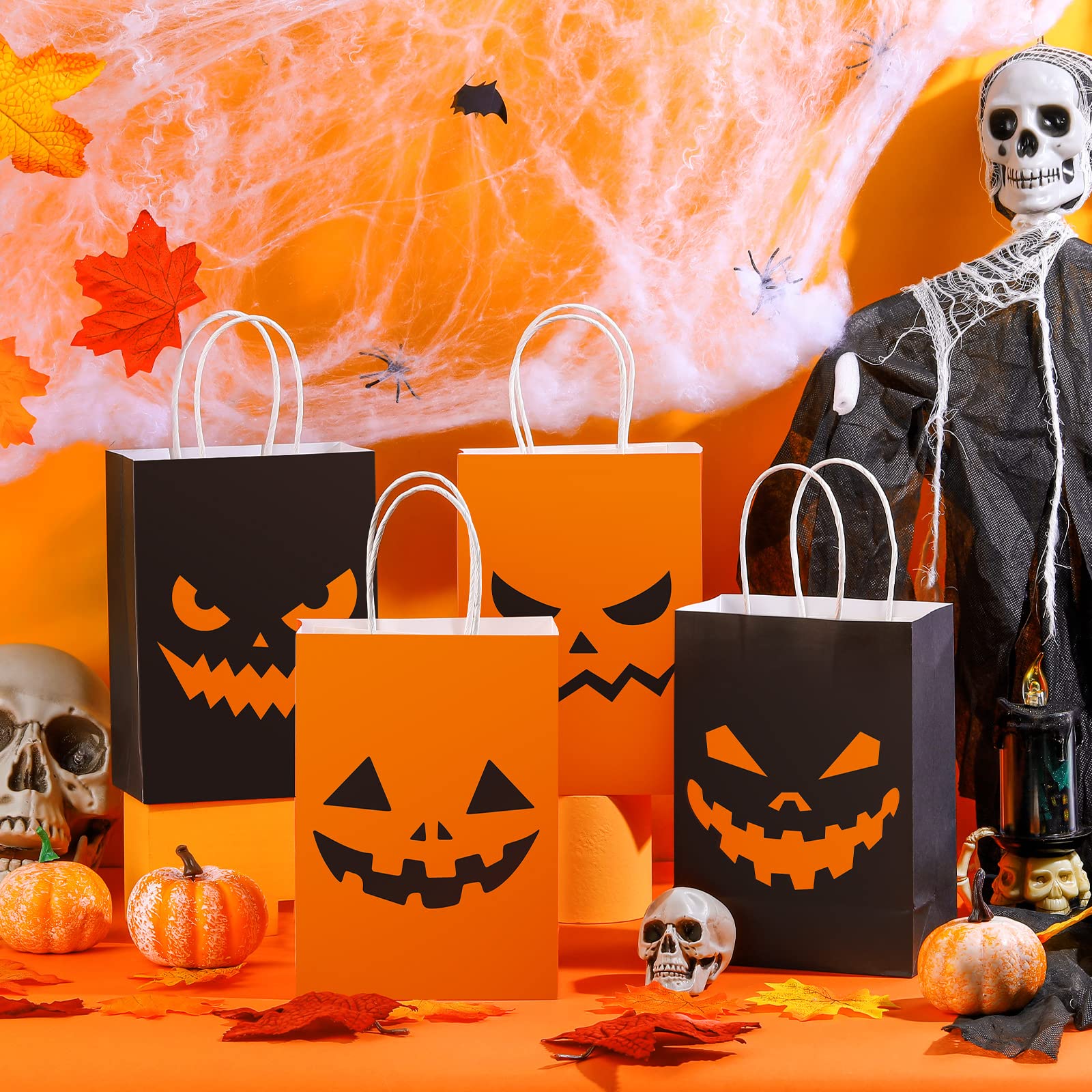 24 Pack Halloween Treat Bags with Handles - Orange & Black Paper Gift Bags for Candy, Goodies & Party Favors | Halloween Party Supplies, Trick or Treat, Classroom Treats & Holiday Snacks (Bright Style)