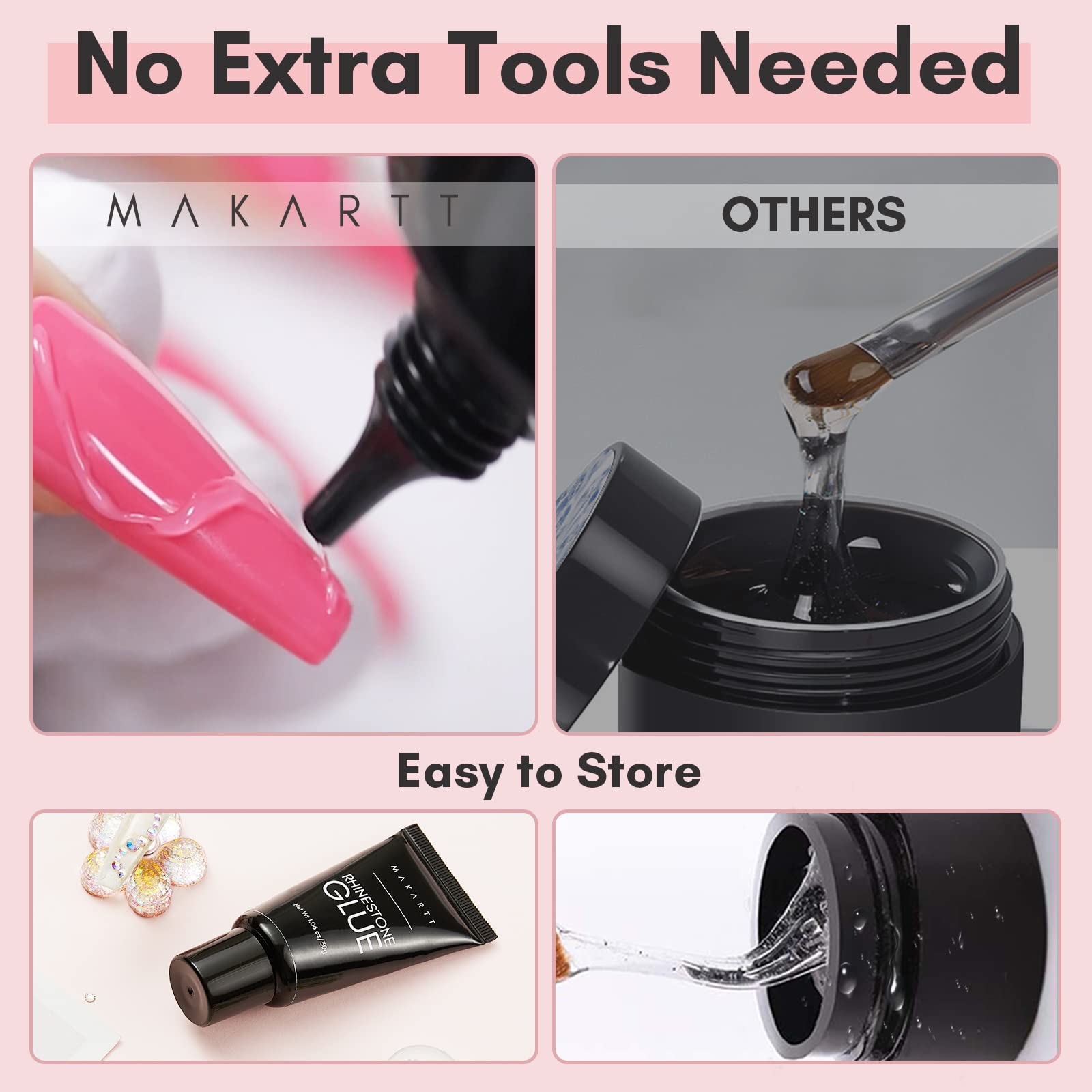 Makartt Professional Nail Rhinestone Glue & Gel Polish Set - Strong Adhesive for Nail Gems, Rubber Base Gel, Sheer Base Coat, Soak Off UV LED Gel - Perfect for Salon & DIY Manicures at Home