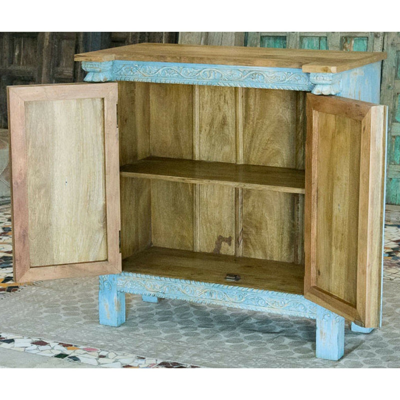 Rustic Blue Floral Carved Solid Wood Sideboard - Farmhouse Dining Room Buffet Cabinet for Home Decor & Storage