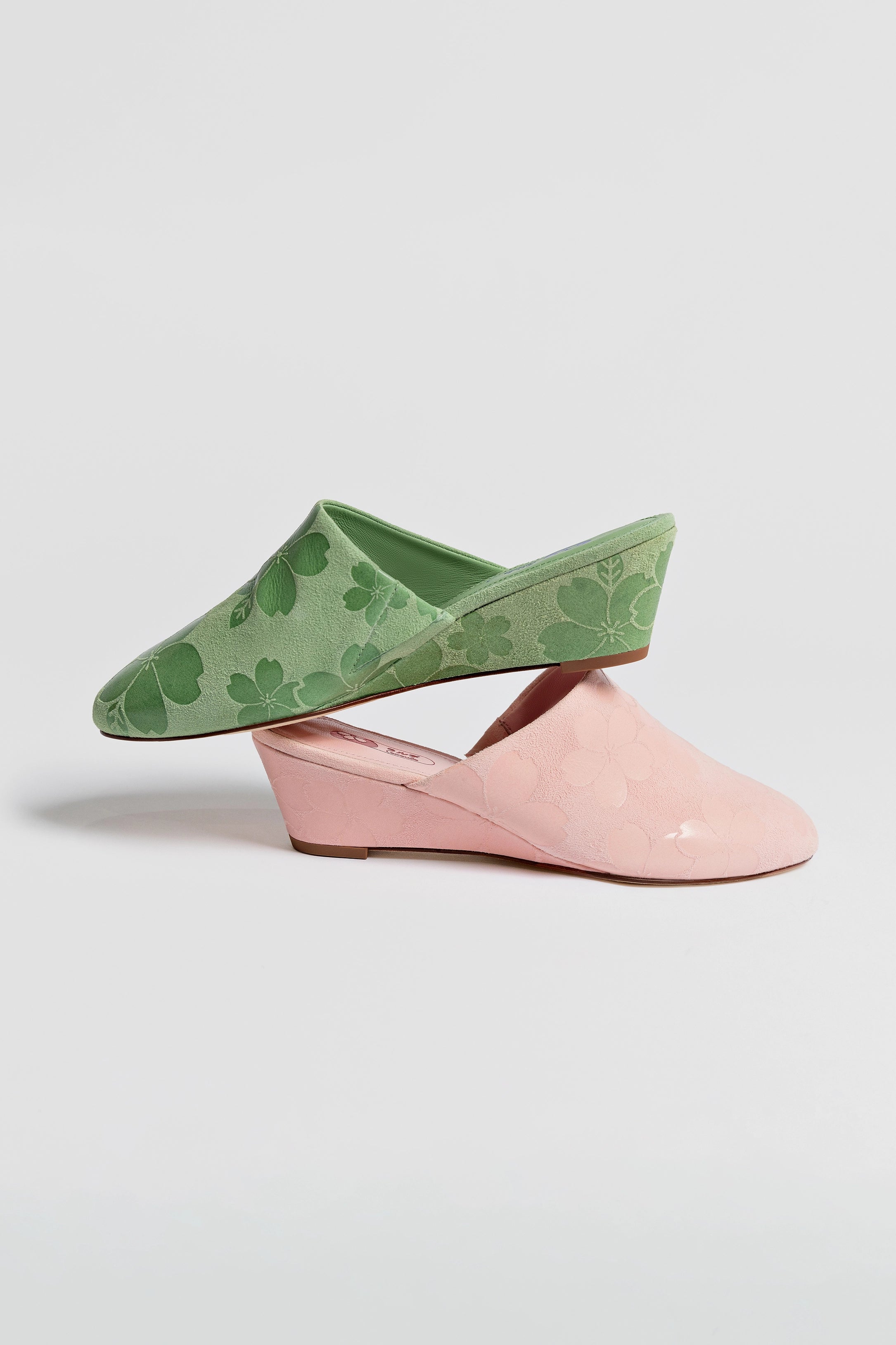 Venice Wedge Sandals in Pistachio & Sakura Print - Women's Suede Comfort Wedges for Spring & Summer Outfits | Perfect for Beach, Vacation, and Casual Wear