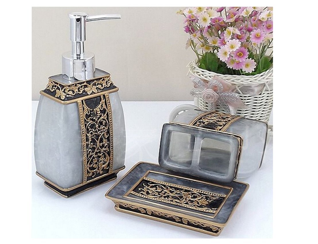 AMSS 5-Piece Resin Bathroom Accessories Set - Toothbrush Holder, Soap Dispenser, Soap Dish & 2 Tumblers with Gift Box | Modern Vanity Organizer for Bathroom Countertop Decor
