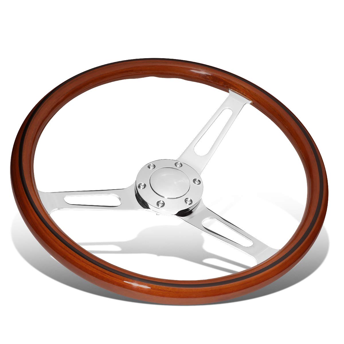 Auto Dynasty 15 Inch Wood Grain Vintage Steering Wheel - 2 Inch Deep Dish Stainless Steel Spoke with Horn Button - Perfect for Classic Car Restoration & Hot Rod Customization