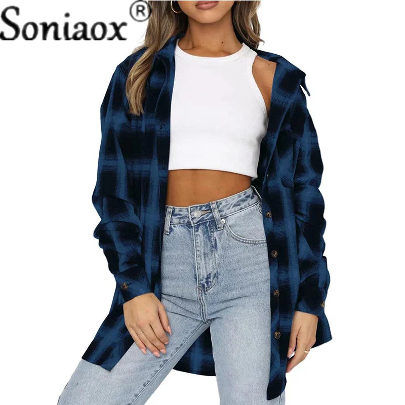 Women's Flannel Plaid Shirt - Soft Loose Fit Long Sleeve Button Down Blouse with Pockets | Casual Fall & Winter Layering Top for Outdoor Activities, Work & Everyday Wear
