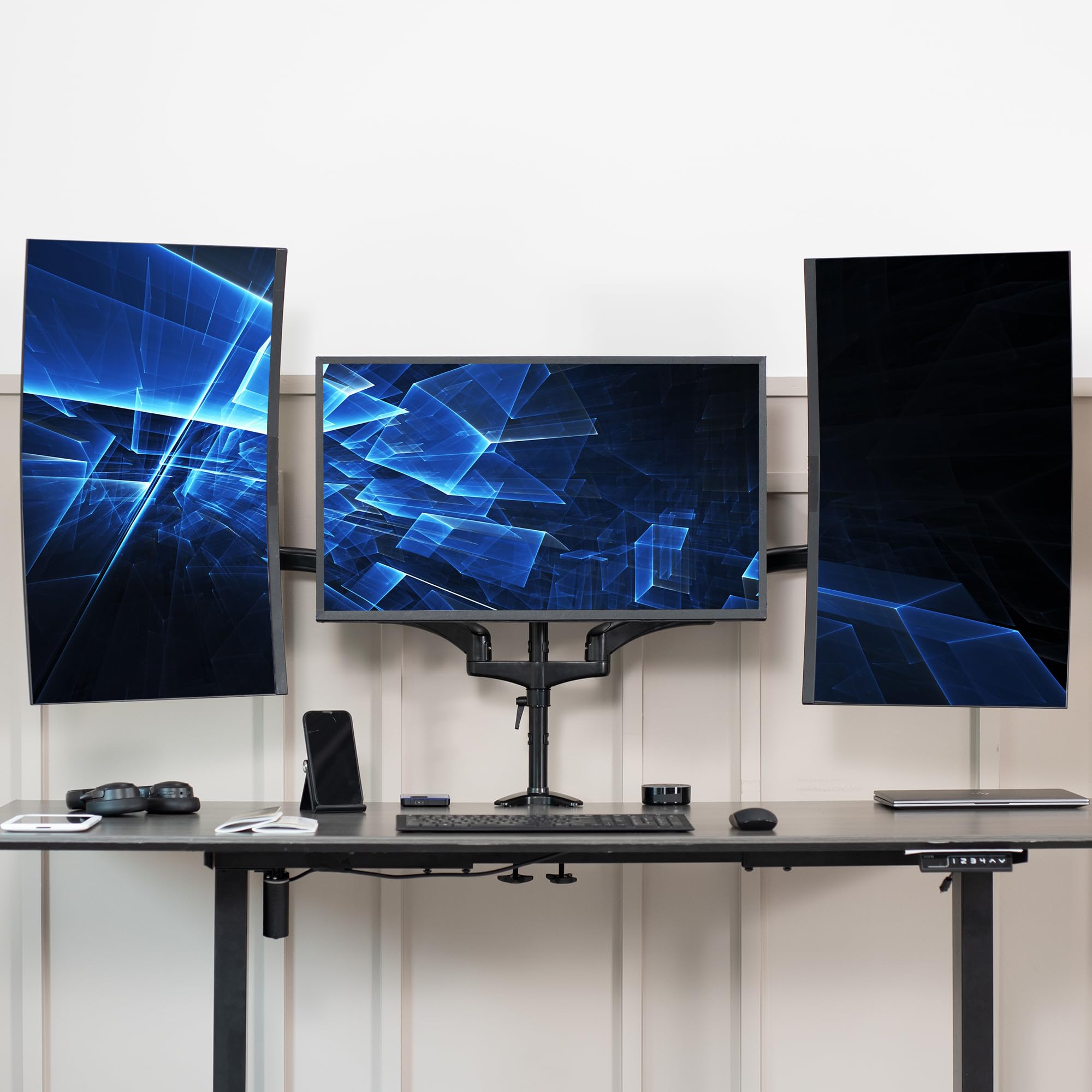 VIVO Triple Monitor Stand for 3 Screens up to 32 inches, Heavy Duty Fully Adjustable Desk Mount with C-Clamp and Grommet Base - Black (STAND-V300G) | Perfect for Home Office, Gaming Setup, and Multi-Screen Workstations