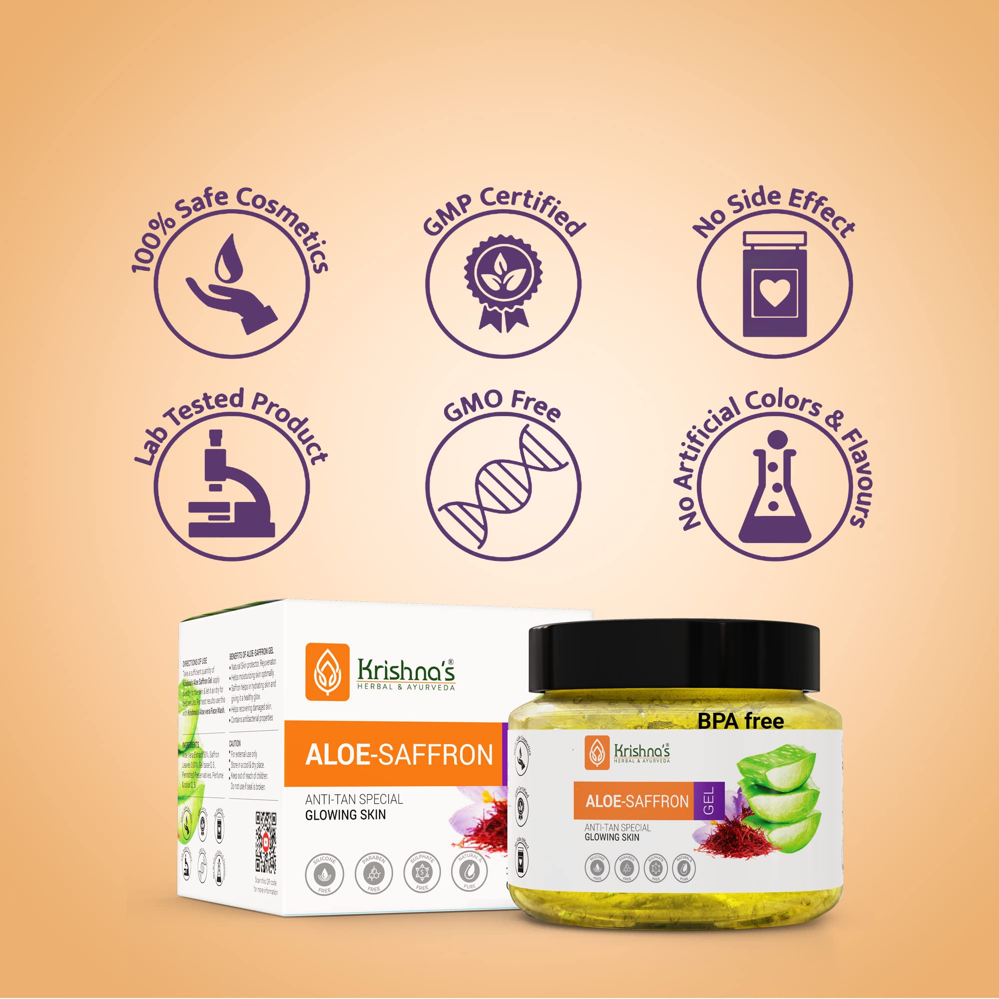 KRISHNA'S HERBAL & AYURVEDA Aloe Vera Gel with Saffron for Acne, Scars & Glowing Skin | Kesar Aloe Vera Face Gel for Hydration & Radiance | Best Natural Aloe Vera Gel for Face Care | 250g | Perfect for Daily Skincare & Sunburn Relief