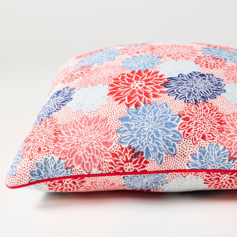 Premium Piped Cushion Cover - Soft Dahlia Crimson & Indigo Floral Design - Perfect for Sofa, Bed, or Home Decor