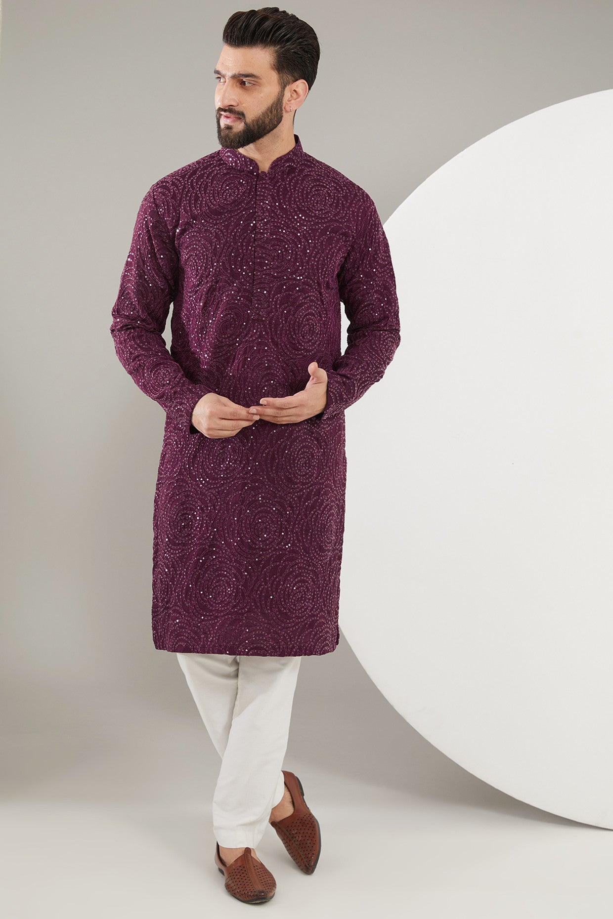 Elegant Mud Wine Floral Embroidered Kurta for Women - Traditional Indian Ethnic Wear for Festivals & Weddings