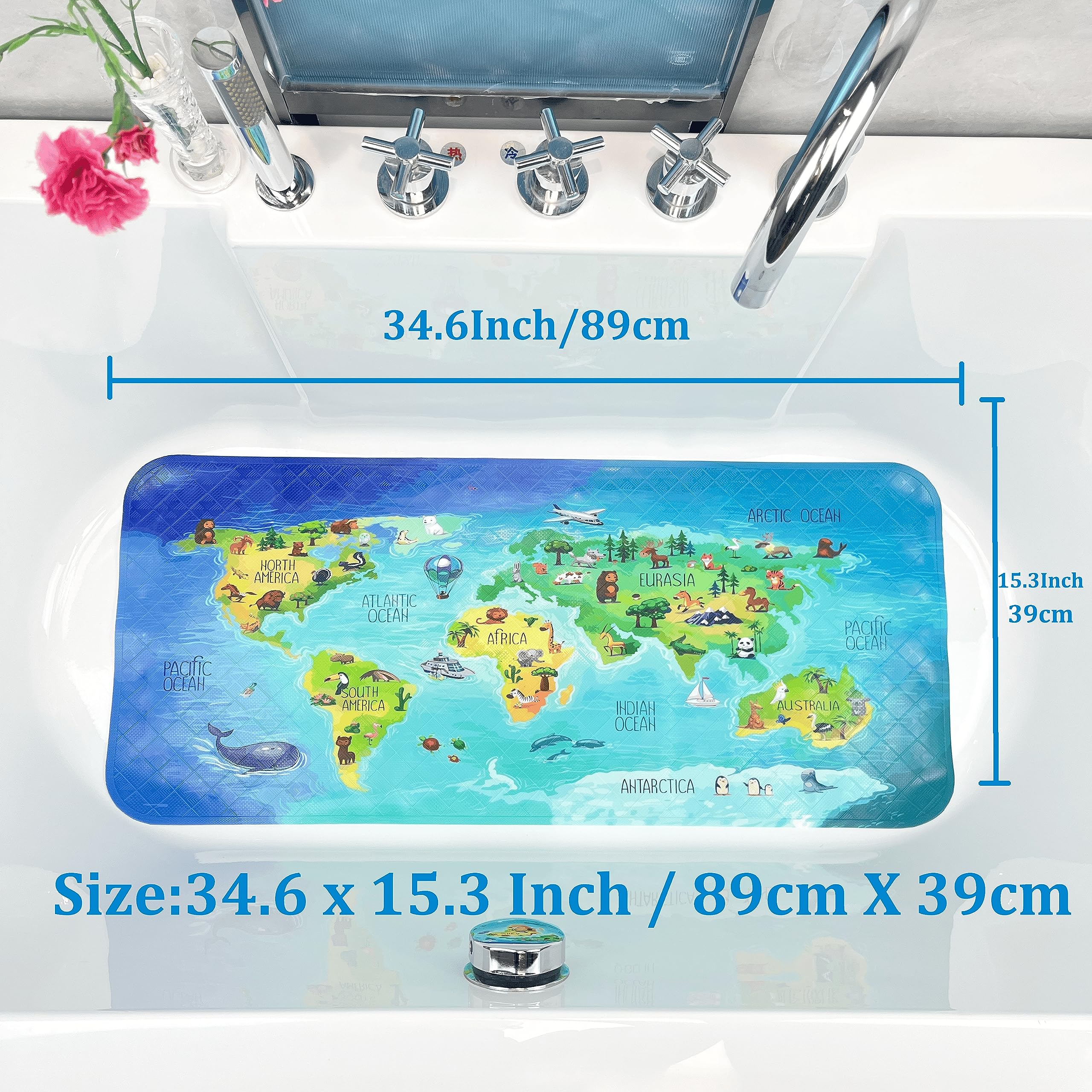 Non-Slip Cartoon Kids Bath Mat - Extra Large 35x16 Inch Bathtub Mat, Anti-Slip Shower Floor Mat for Bathroom Safety - Perfect for Kids' Bath Time Fun & Bathroom Decor (Map Design)