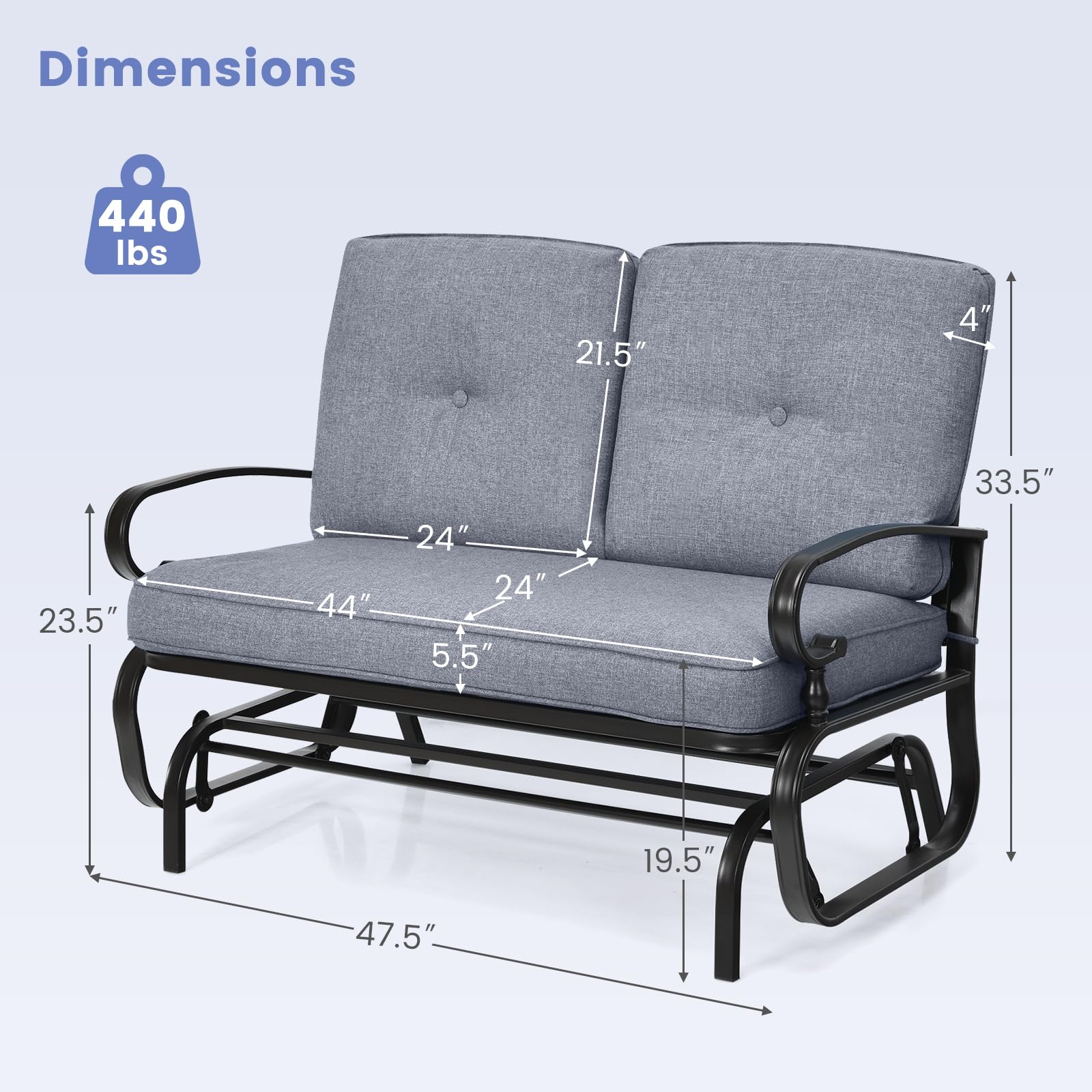 Tangkula 2-Person Outdoor Swing Glider Chair - Patio Loveseat with Steel Frame & Comfortable Cushions - Perfect for Garden, Porch, Balcony & Poolside Relaxation (Grey) - Ideal for Backyard Lounging, Sunset Watching & Outdoor Conversations
