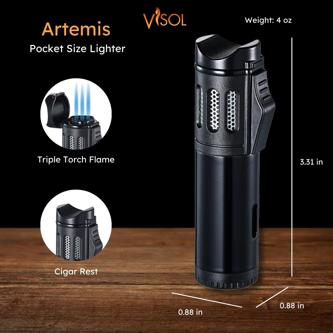 Premium Artemis Triple Torch Cigar Lighter - Windproof Butane Lighter for Cigars, Cigarettes & Outdoor Use - Sleek Black Design - Perfect for Smoking Enthusiasts & Gifts