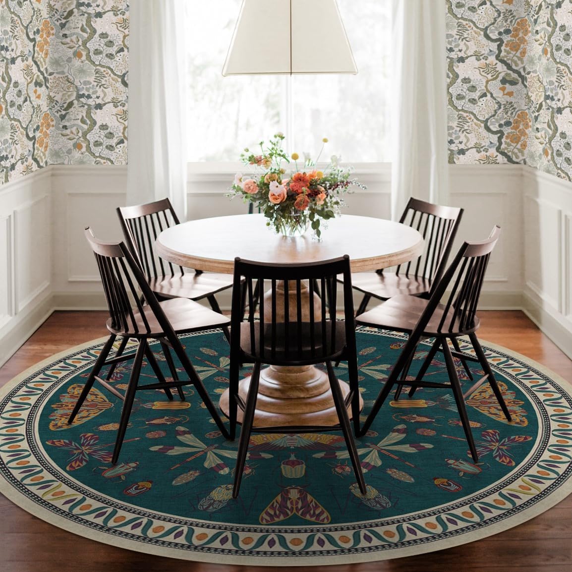 Ruggable Washable 6 ft Round Rug - Flutterby Teal | Non-Slip Modern Area Rug for Living Room, Bedroom, Kitchen, Office & Classroom | Premium Home Decor with Gripper Pad | Iris Apfel Collection | Perfect for High-Traffic Areas & Pet-Friendly Homes