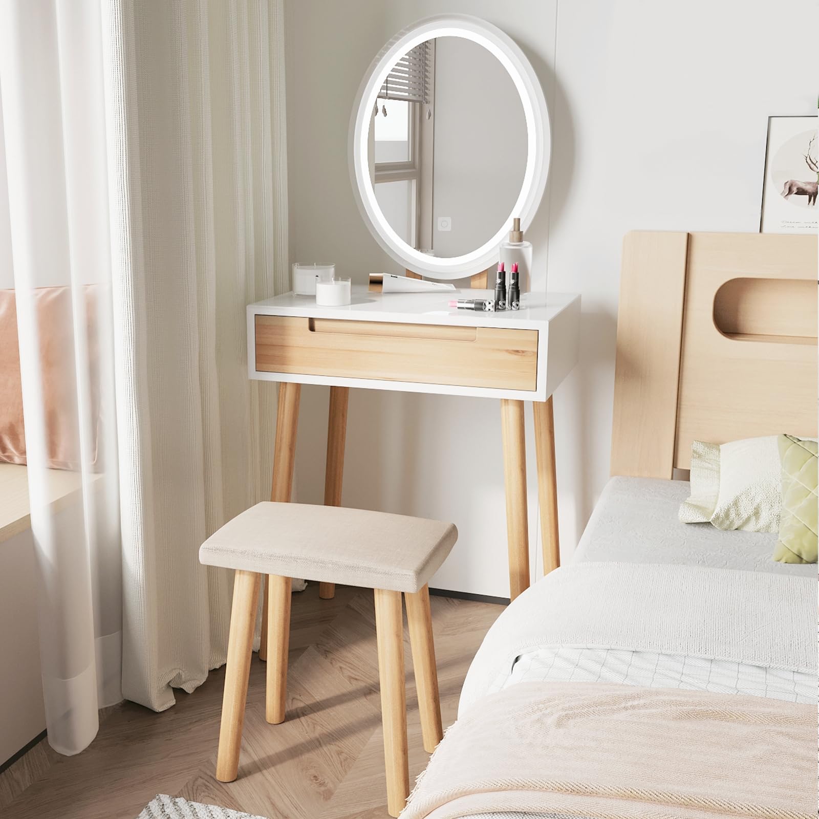 ARTETHYS 24 Inch Small Makeup Vanity Desk Set with 3 Adjustable LED Lighted Mirror, Wooden Dressing Table with Drawer & Stool - Perfect for Bedroom, Apartment, and Small Space Beauty Organization
