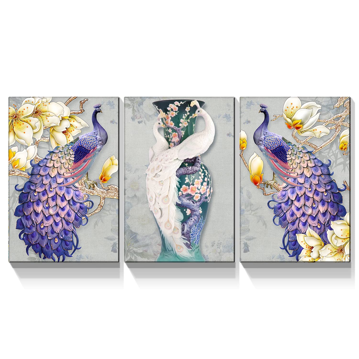 Vintage Purple Peacock Canvas Wall Art - 20x30 Inch 3 Panel Giclee Print with Flower Vase Painting, Gallery Wrapped Animal Feather Background Decor for Living Room, Bedroom & Office | Elegant Home Decoration & Unique Gift Idea