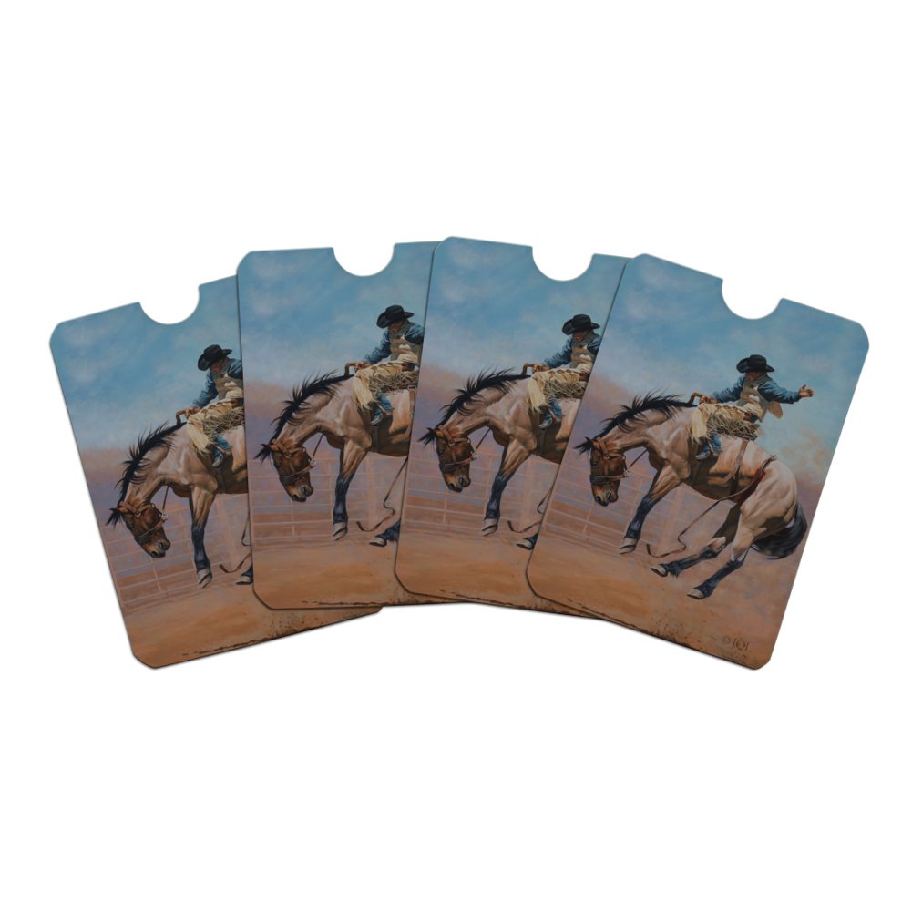 RFID Blocking Credit Card Holder Set of 4 - Secure Cowboy Rodeo Themed Wallet Protectors for Saddle Bronc Riding Events | Perfect for Travel, Equestrian Sports & Western Lifestyle