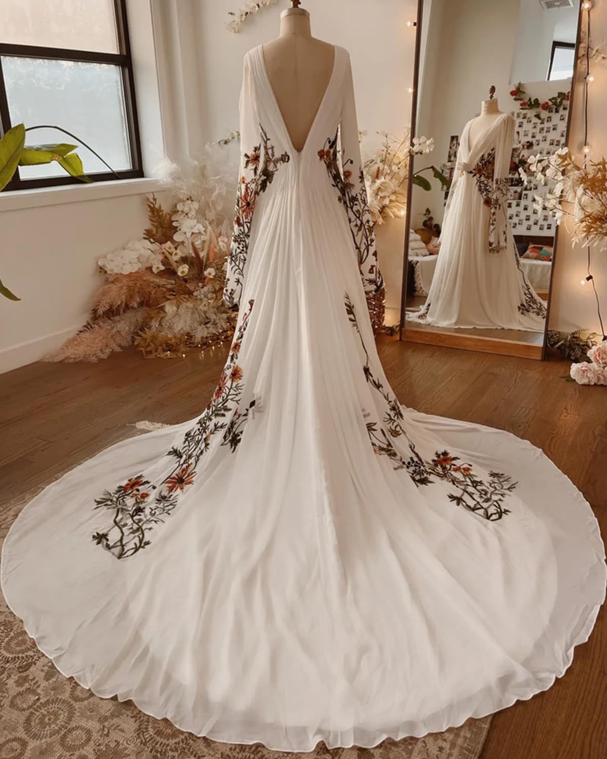 2024 V-Neck Long Sleeve Chiffon Wedding Dress for Women - Elegant Embroidered Bridal Gown for Bride | Perfect for Church Ceremony, Beach Wedding & Romantic Reception