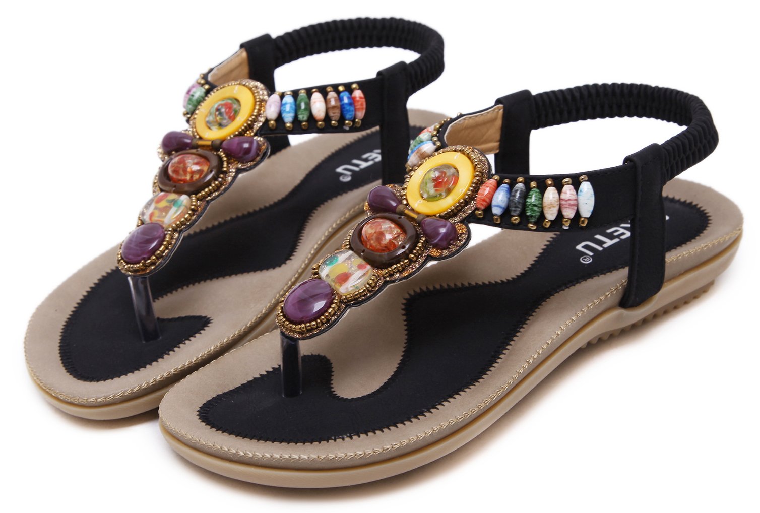 Stylish Summer Vacation T-Strap Flat Sandals for Women - Open Toe Thong Sandals with Jewel Gem Beaded Design | Comfortable Beach Shoes for Vacation, Pool Party & Casual Outings