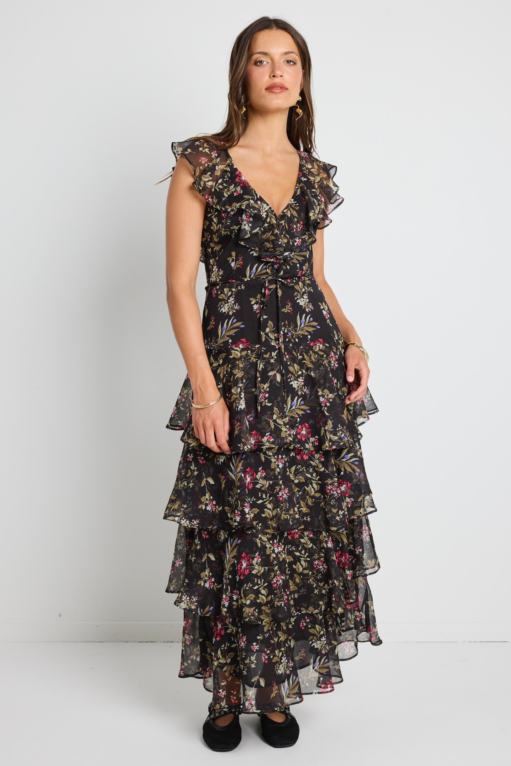 Everly Black Posy Floral Flutter Sleeve Tiered Maxi Dress for Women - Summer Boho Beach Wedding Guest Dress with Pockets