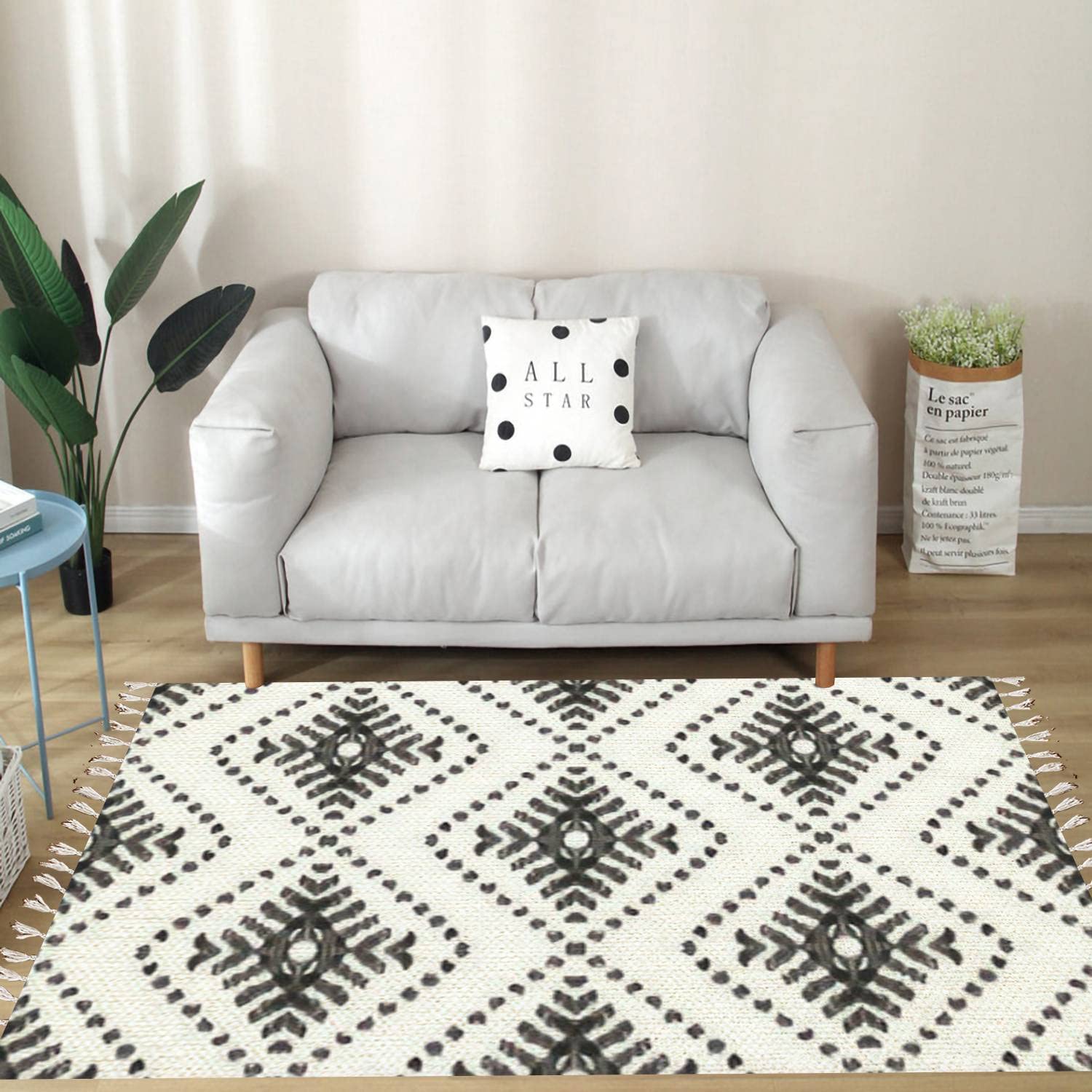 Vintage Cotton Linen Tassel Rug - Bohemian Ikat Print Washable Area Rug for Kitchen, Bathroom, Outdoor & Living Room Decor | Non-Slip Runner Mat for Home & Office Floor Covering | Perfect for Boho Chic, Farmhouse & Ethnic Interior Design Styles