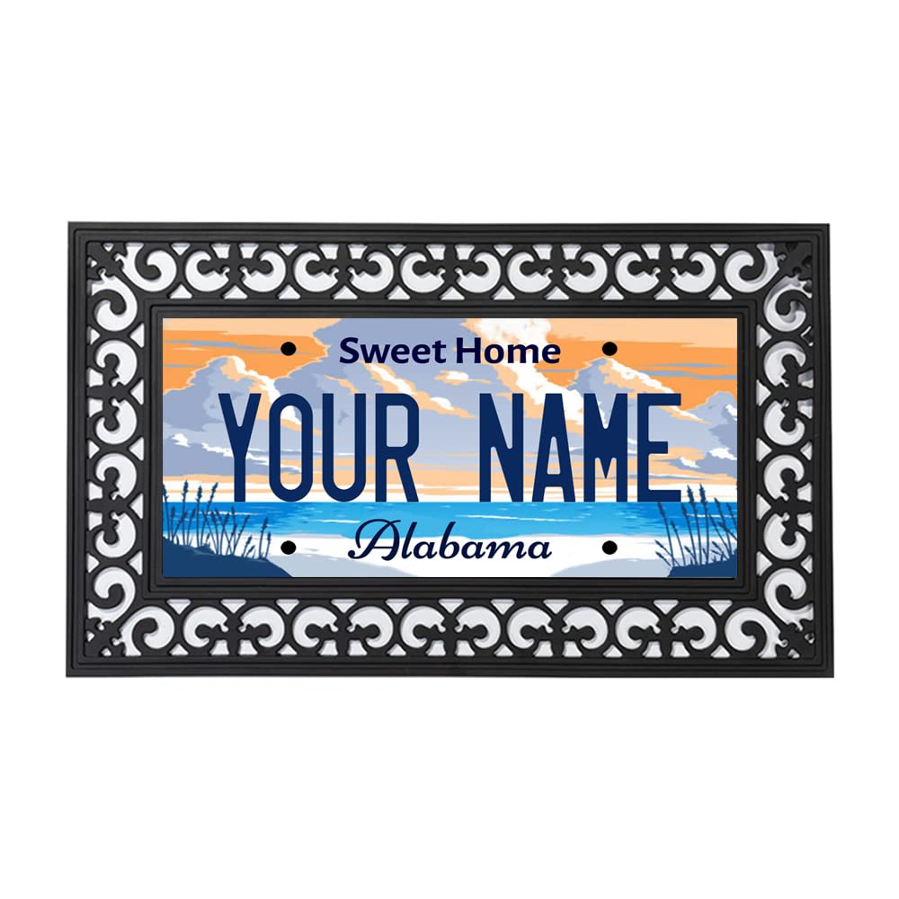 Bleu Reign 18x30 Inches Personalized Doormat - Custom Name Alabama State License Plate Design - Perfect for Front Door Entryway, Porch, and Home Decor