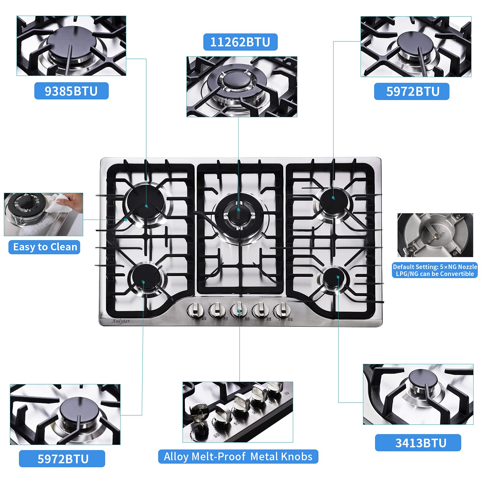 30 Inch 5-Burner Built-In Gas Cooktop - Stainless Steel LPG/NG Dual Fuel Sealed Gas Hob with Wok Stand & Pressure Regulator - Perfect for Home Kitchen, Restaurant & Outdoor Cooking