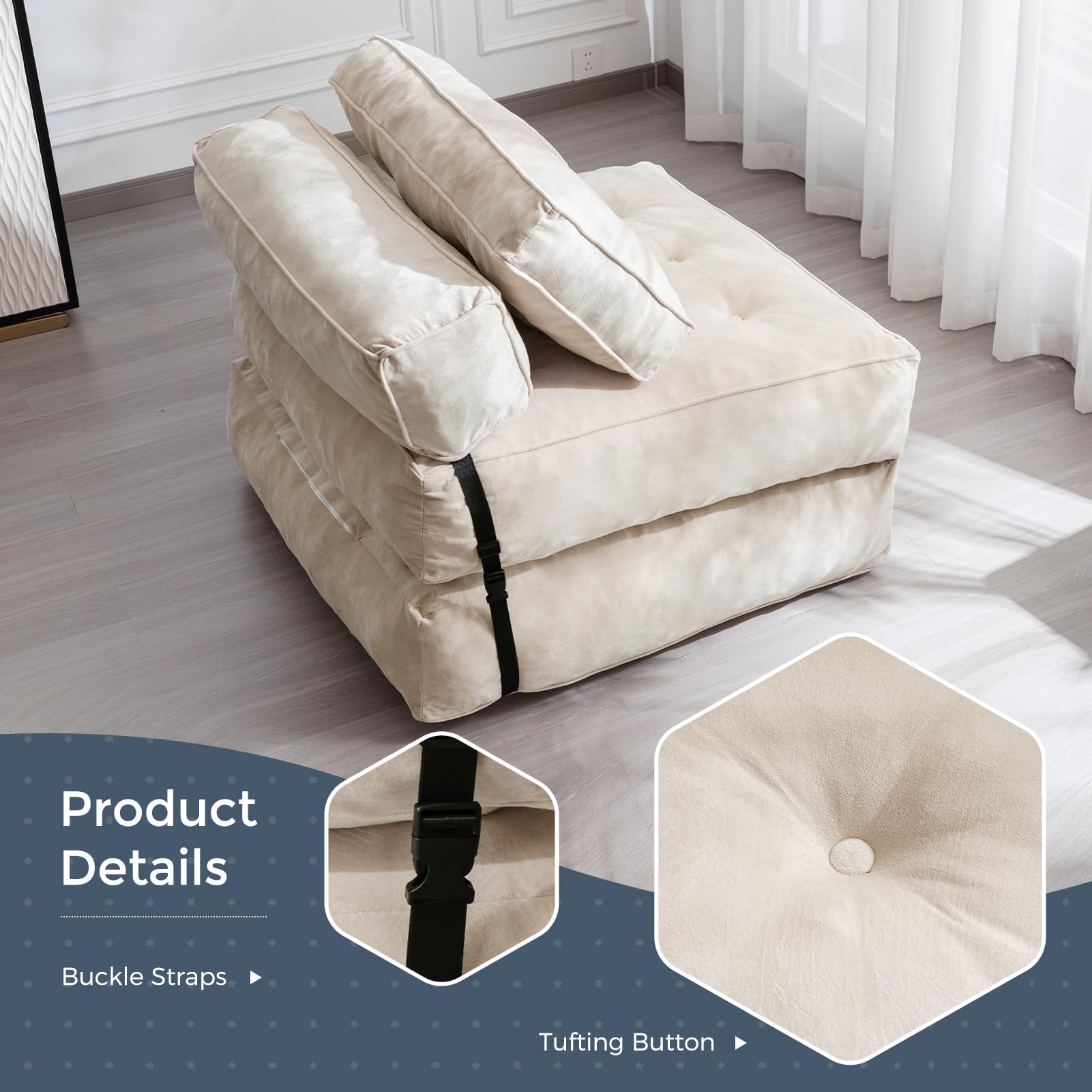 MAXYOYO Folding Sofa Bed - Velvet Convertible Sleeper Chair with Pillow, Portable Fold Out Guest Bed in Beige | Perfect for Small Spaces, Apartments & Overnight Guests