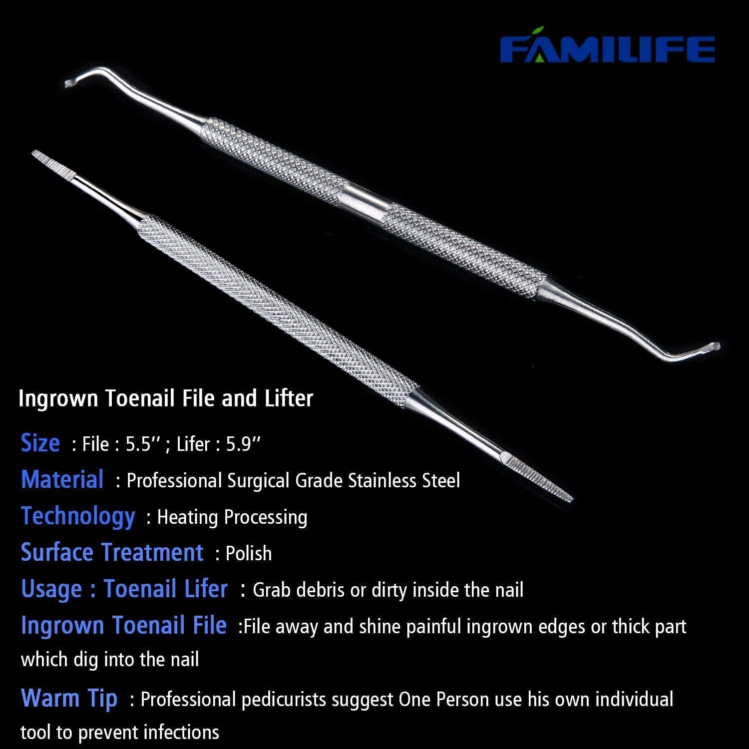 Professional FAMILIFE L07 100% Stainless Steel Ingrown Toenail File & Lifter - Double Sided Manicure Pedicure Kit with 12 Pieces - Perfect for Women's Nail Care, At-Home Grooming & Salon Use
